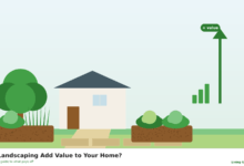 Illustrated home with a landscaped front garden and a rising value arrow